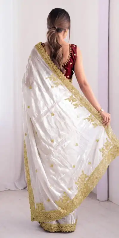 JR 666 White Fendy Satin Saree Perfect for Wedding, Party, Durga Puja, Raksha Bandhan, Sangeet – . Festive Deal ₹1949. Delivery 4-6 Working Days. | Designer Sarees, Modern Digital sarees, Sarees, Bollywood Sarees, Creative Sarees, Embroidered Sarees, Ethnic Saree, Party Wear Sarees