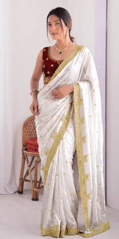 JR 666 White Fendy Satin Saree Perfect for Wedding, Party, Durga Puja, Raksha Bandhan, Sangeet – . Festive Deal ₹1949. Delivery 4-6 Working Days. | Designer Sarees, Modern Digital sarees, Sarees, Bollywood Sarees, Creative Sarees, Embroidered Sarees, Ethnic Saree, Party Wear Sarees