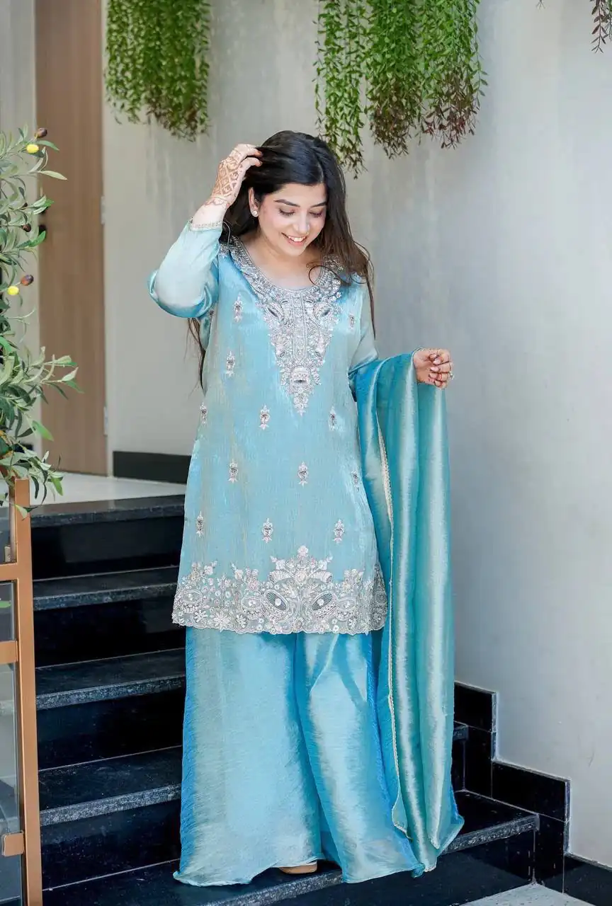 DC 114 Blue Fandy Satin Salwar Suit with Embroidery Work & Lace Work. Exclusive Offer ₹1899. Delivery 4-6 Working Days. Shop now. | Jump Suits, Salwar suit, Casual Suits, Creative suits, Designer Suits, Palazzo Suits, Party Wear Suits, Patiala Suits, Straight Suits