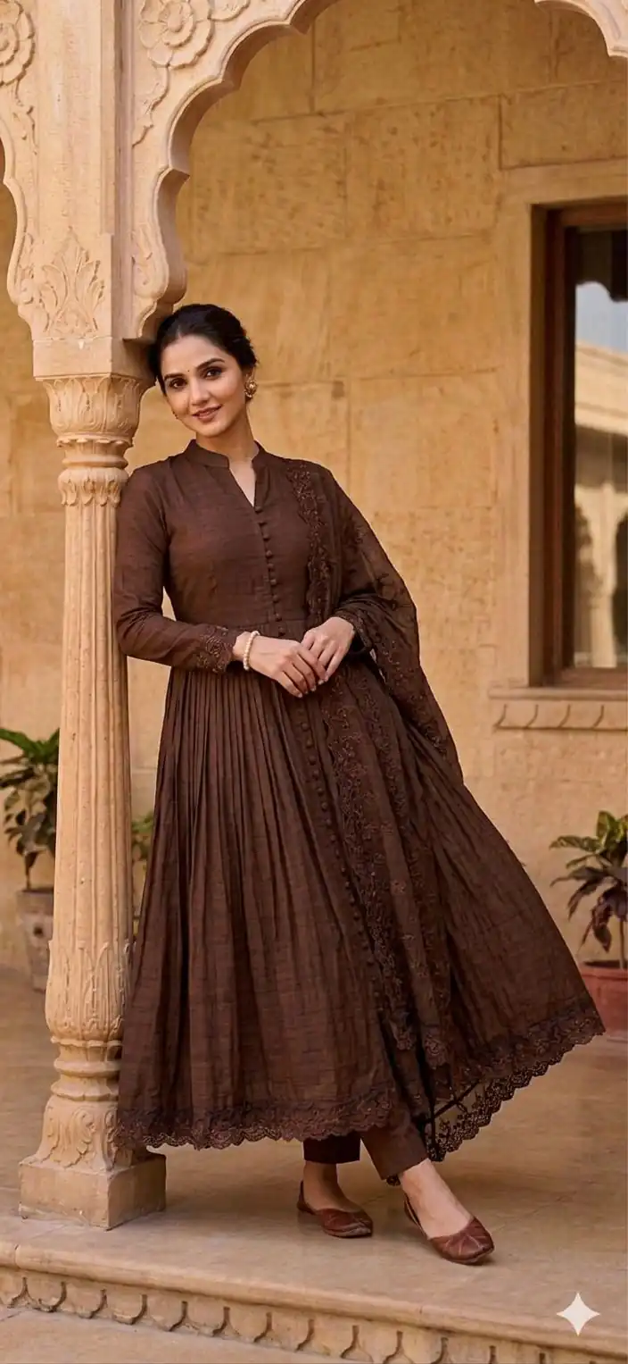 Fancy Brown Roman Silk Embroidery Cut Work Gown