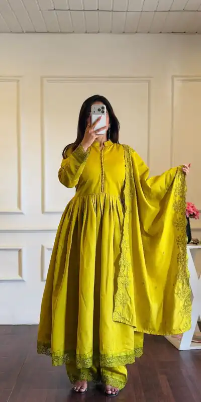 VLM 337 Lime Yellow Roman Silk Gown Perfect for Wedding, Party, Ethnic Day, Haldi, Diwali – . Festive Deal ₹2099. Delivery 4-6 Working Days. Shop now. | Gowns, Bollywood Gowns, Creative Gowns, Designer Gowns, Embroidered Gowns, Party Wear Gowns