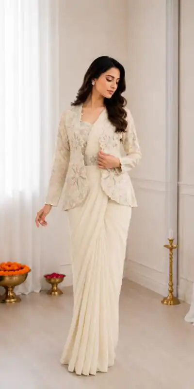 BB 62 Off White Crap Silk Saree with Embroidery Work. Wedding, Party, Festive, Events Festive Deal ₹2499. Delivery 4-6 Working Days. Shop now. | Designer Sarees, Modern Digital sarees, Sarees, Bollywood Sarees, Creative Sarees, Embroidered Sarees, Ethnic Saree, Party Wear Sarees