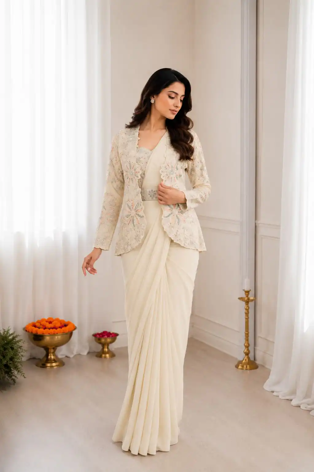 BB 62 Off White Crap Silk Saree with Embroidery Work. Wedding, Party, Festive, Events Festive Deal ₹2499. Delivery 4-6 Working Days. Shop now. | Designer Sarees, Modern Digital sarees, Sarees, Bollywood Sarees, Creative Sarees, Embroidered Sarees, Ethnic Saree, Party Wear Sarees
