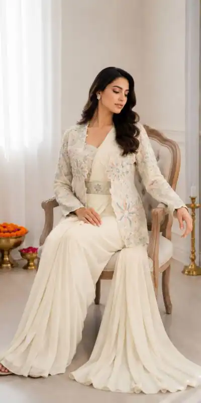 BB 62 Off White Crap Silk Saree with Embroidery Work. Wedding, Party, Festive, Events Festive Deal ₹2499. Delivery 4-6 Working Days. Shop now. | Designer Sarees, Modern Digital sarees, Sarees, Bollywood Sarees, Creative Sarees, Embroidered Sarees, Ethnic Saree, Party Wear Sarees