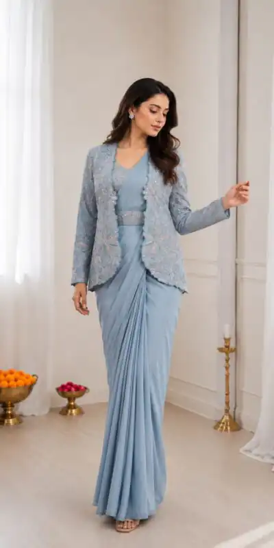 BB 62 Powder Blue Crap Silk Saree with Embroidery Work. Wedding, Party, Festive, Events Festive Deal ₹2499. Delivery 4-6 Working Days. Shop now. | Designer Sarees, Modern Digital sarees, Sarees, Bollywood Sarees, Creative Sarees, Embroidered Sarees, Ethnic Saree, Party Wear Sarees