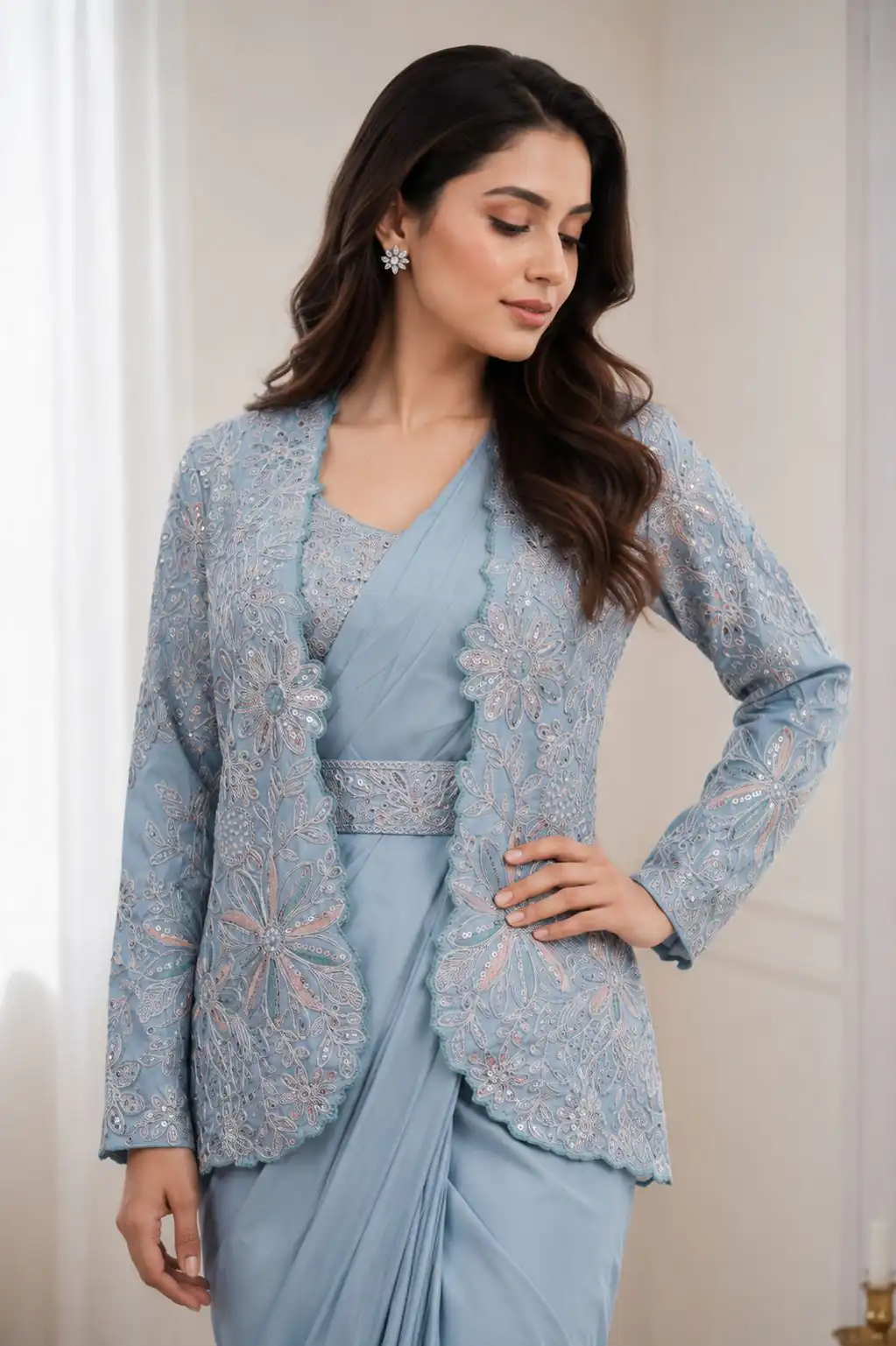 BB 62 Powder Blue Crap Silk Saree with Embroidery Work. Wedding, Party, Festive, Events Festive Deal ₹2499. Delivery 4-6 Working Days. Shop now. | Designer Sarees, Modern Digital sarees, Sarees, Bollywood Sarees, Creative Sarees, Embroidered Sarees, Ethnic Saree, Party Wear Sarees