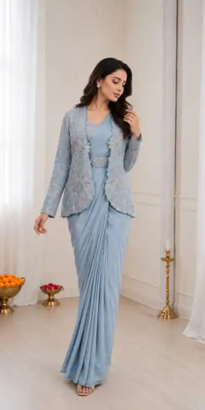 BB 62 Powder Blue Crap Silk Saree with Embroidery Work. Wedding, Party, Festive, Events Festive Deal ₹2499. Delivery 4-6 Working Days. Shop now. | Designer Sarees, Modern Digital sarees, Sarees, Bollywood Sarees, Creative Sarees, Embroidered Sarees, Ethnic Saree, Party Wear Sarees