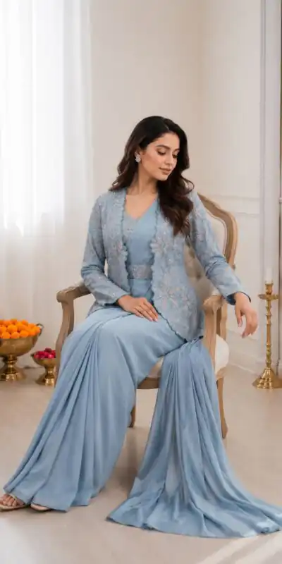 BB 62 Powder Blue Crap Silk Saree with Embroidery Work. Wedding, Party, Festive, Events Festive Deal ₹2499. Delivery 4-6 Working Days. Shop now. | Designer Sarees, Modern Digital sarees, Sarees, Bollywood Sarees, Creative Sarees, Embroidered Sarees, Ethnic Saree, Party Wear Sarees