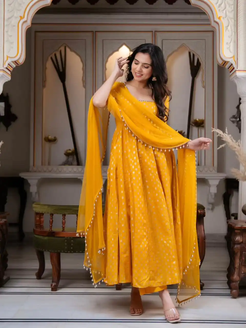 SRK 5347 Yellow Chanderi Jacquard Butti Salwar Suit with Mirror Work & Lace Work. Festive Deal ₹2149. Delivery 4-6 Working Days. Shop now. | Anarkali Suits, Bollywood Anarkali, Creative-Anarkali, Designer Anarkali, Embroidered Anarkali, Party Wear Anarkali