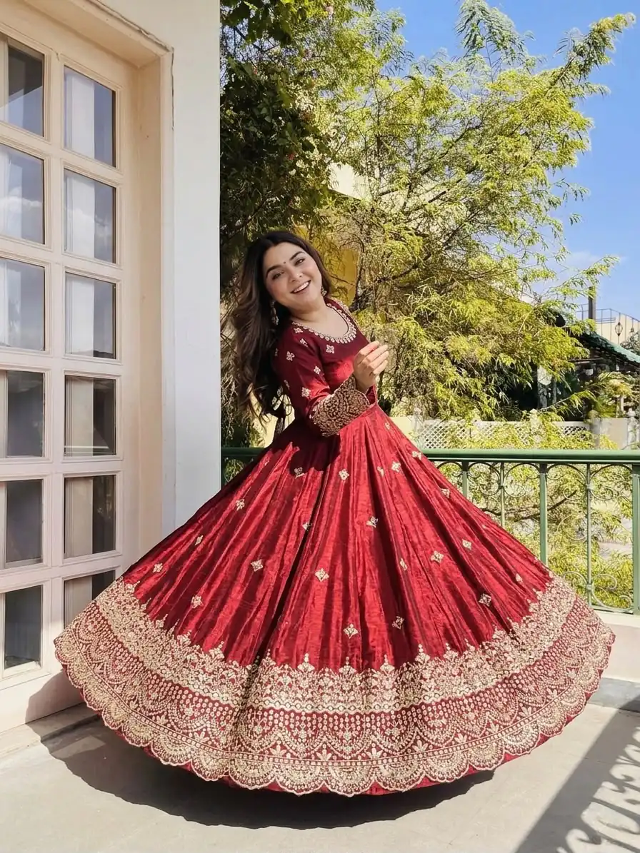 NSR 895 Red Fendy Silk Salwar Suit with Mirror Work & Embroidery Work. Best Price ₹2399. Delivery 4-6 Working Days. Shop now. | Anarkali Suits, Bollywood Anarkali, Creative-Anarkali, Designer Anarkali, Embroidered Anarkali, Party Wear Anarkali