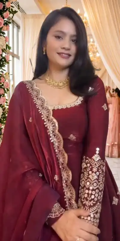 NSR 895 Red Fendy Silk Salwar Suit with Mirror Work & Embroidery Work. Best Price ₹2399. Delivery 4-6 Working Days. Shop now. | Anarkali Suits, Bollywood Anarkali, Creative-Anarkali, Designer Anarkali, Embroidered Anarkali, Party Wear Anarkali