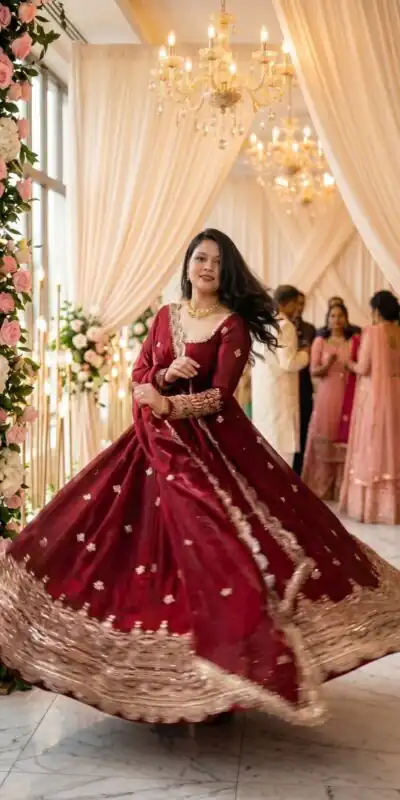 NSR 895 Red Fendy Silk Salwar Suit with Mirror Work & Embroidery Work. Best Price ₹2399. Delivery 4-6 Working Days. Shop now. | Anarkali Suits, Bollywood Anarkali, Creative-Anarkali, Designer Anarkali, Embroidered Anarkali, Party Wear Anarkali