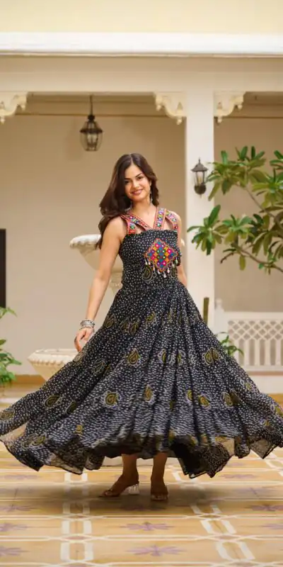 Ram 108 Black Color Georgette Bandhni Print Gown with Mirror Work. Best Price ₹2049. Delivery 4-6 Working Days. Shop now. | Gowns, Bollywood Gowns, Creative Gowns, Designer Gowns, Embroidered Gowns, Party Wear Gowns