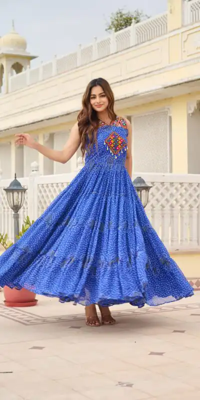Ram 108 Blue Color Georgette Bandhni Print Gown with Mirror Work. Best Price ₹2049. Delivery 4-6 Working Days. Online Shop now. | Gowns, Bollywood Gowns, Creative Gowns, Designer Gowns, Embroidered Gowns, Party Wear Gowns