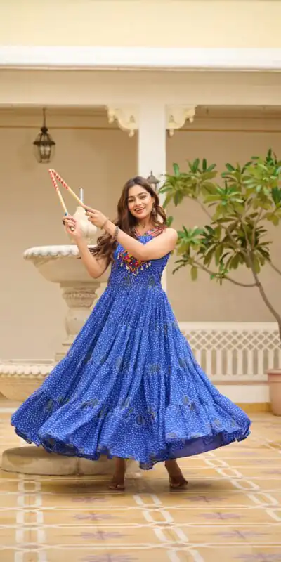 Ram 108 Blue Color Georgette Bandhni Print Gown with Mirror Work. Best Price ₹2049. Delivery 4-6 Working Days. Online Shop now. | Gowns, Bollywood Gowns, Creative Gowns, Designer Gowns, Embroidered Gowns, Party Wear Gowns
