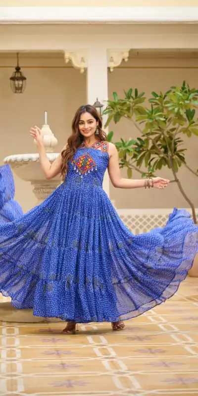Ram 108 Blue Color Georgette Bandhni Print Gown with Mirror Work. Best Price ₹2049. Delivery 4-6 Working Days. Online Shop now. | Gowns, Bollywood Gowns, Creative Gowns, Designer Gowns, Embroidered Gowns, Party Wear Gowns