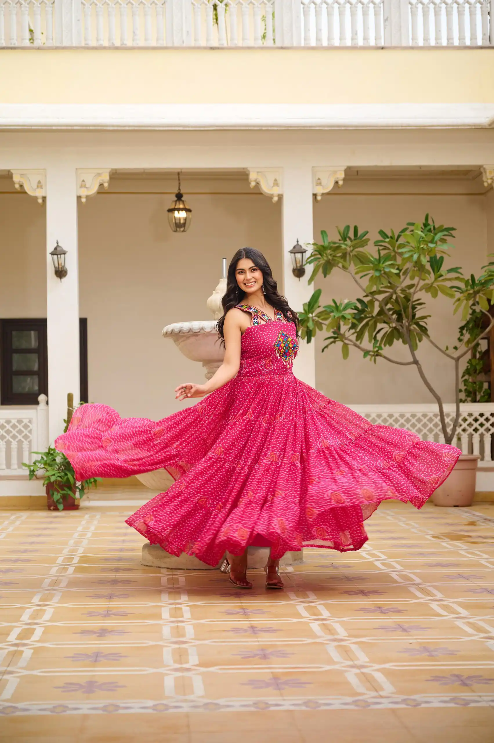 Ram 108 Pink Color Georgette Bandhni Print Gown with Mirror Work. Best Price ₹2049. Delivery 4-6 Working Days. Online Shop now. | Gowns, Bollywood Gowns, Creative Gowns, Designer Gowns, Embroidered Gowns, Party Wear Gowns