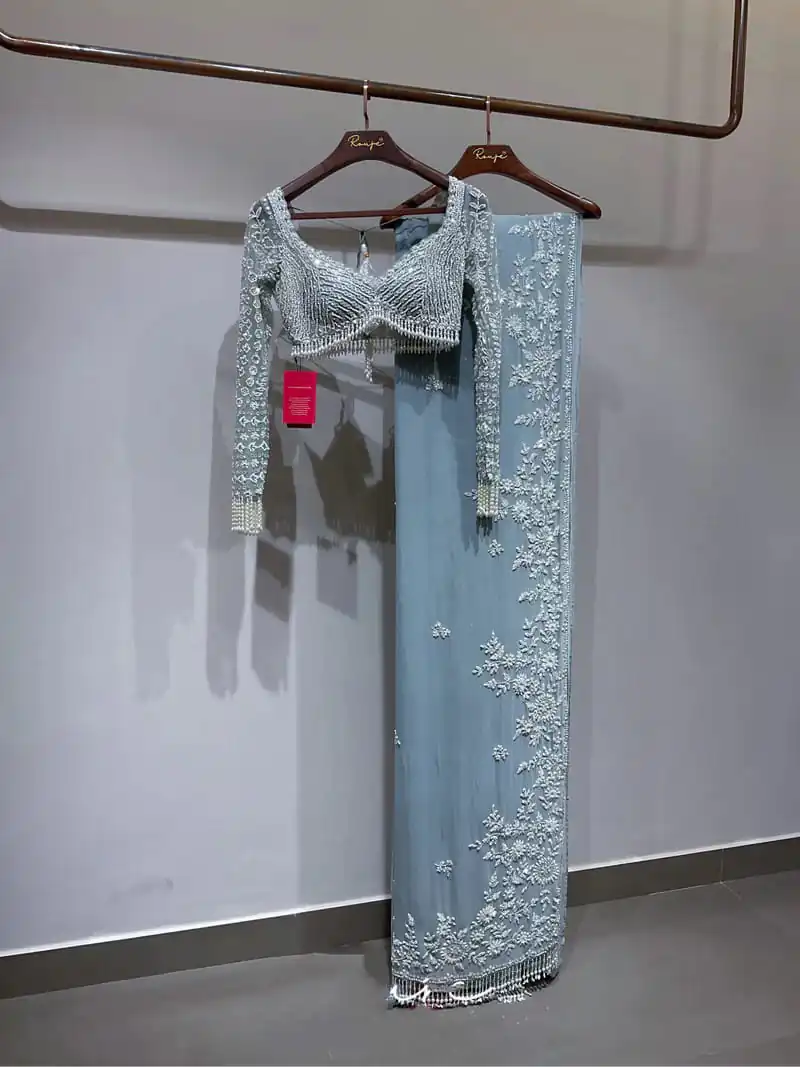 Graceful Sky Blue Faux Georgette Embroidery Work Saree - Image 4