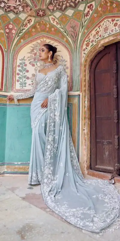 DF 3478 Sky Blue Faux Georgette Embroidery Work Saree . Perfect for Wedding, Party, Onam, Family ,Festive Deal ₹2049. Delivery 4-6 Working Days | Designer Sarees, Modern Digital sarees, Sarees, Bollywood Sarees, Creative Sarees, Embroidered Sarees, Ethnic Saree, Party Wear Sarees