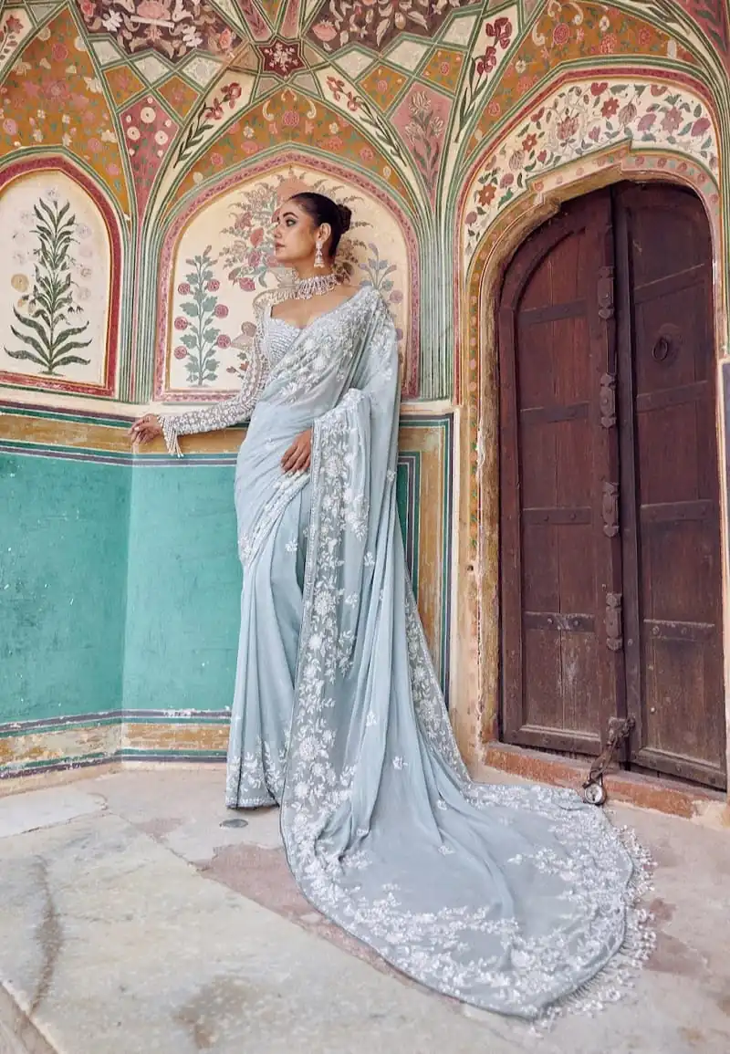 DF 3478 Sky Blue Faux Georgette Embroidery Work Saree . Perfect for Wedding, Party, Onam, Family ,Festive Deal ₹2049. Delivery 4-6 Working Days | Designer Sarees, Modern Digital sarees, Sarees, Bollywood Sarees, Creative Sarees, Embroidered Sarees, Ethnic Saree, Party Wear Sarees