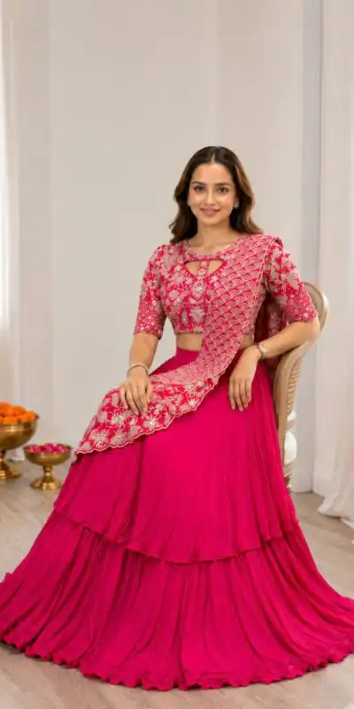 BB 75 Pink Color French Crape Saree with Embroidery Work. Wedding, Party, Festive, Online Best Price ₹2399. Delivery 4-6 Working Days. Shop now. | Designer Sarees, Modern Digital sarees, Sarees, Bollywood Sarees, Creative Sarees, Embroidered Sarees, Ethnic Saree, Party Wear Sarees
