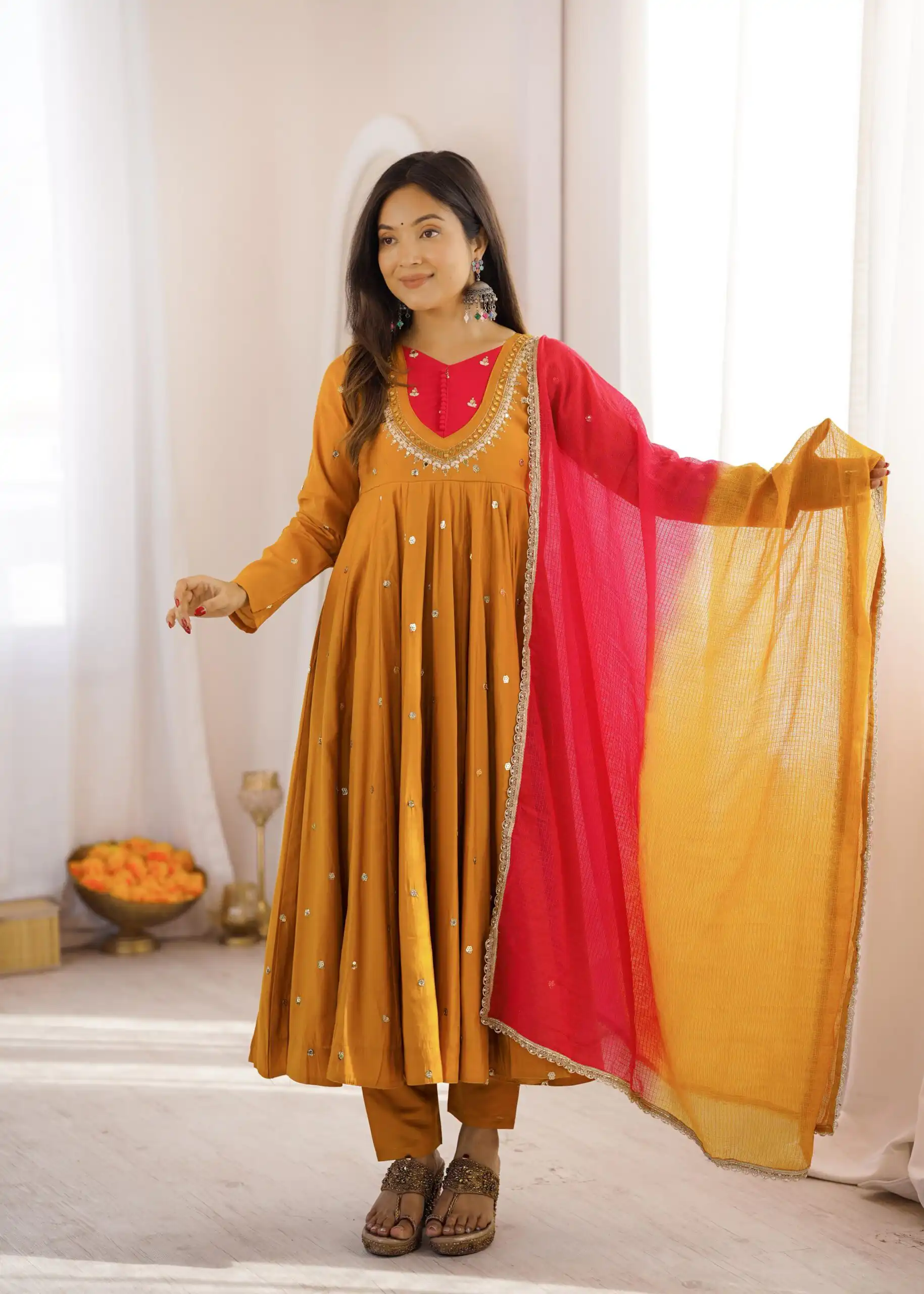 ZF 5023 Mustered Roman Silk Gown with Mirror Work & Embroidery Work. Special Price ₹2099. Delivery 4-6 Working Days. Shop now. | Gowns, Bollywood Gowns, Creative Gowns, Designer Gowns, Embroidered Gowns, Party Wear Gowns