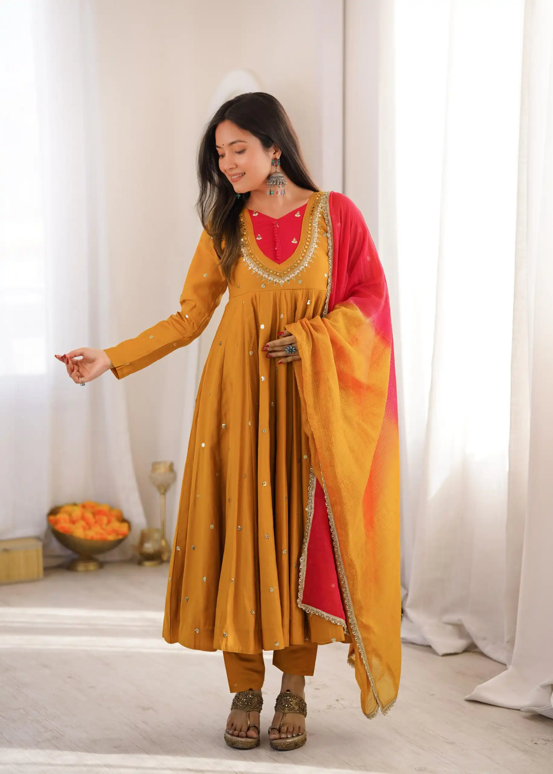ZF 5023 Mustered Roman Silk Gown with Mirror Work & Embroidery Work. Special Price ₹2099. Delivery 4-6 Working Days. Shop now. | Gowns, Bollywood Gowns, Creative Gowns, Designer Gowns, Embroidered Gowns, Party Wear Gowns