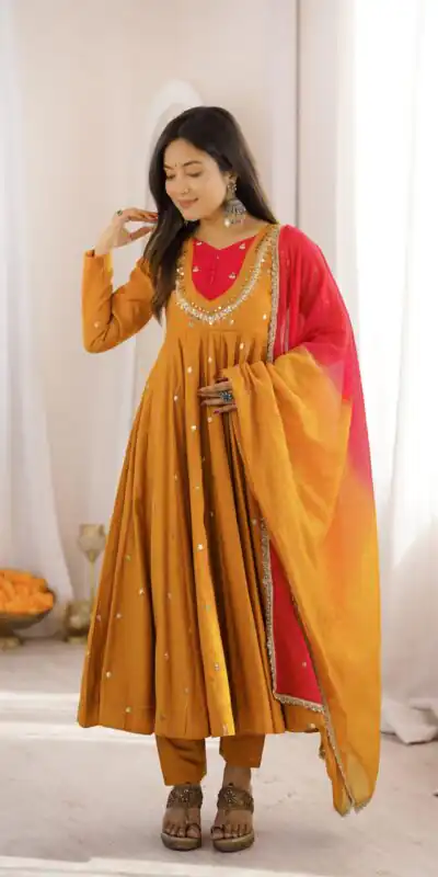 ZF 5023 Mustered Roman Silk Gown with Mirror Work & Embroidery Work. Special Price ₹2099. Delivery 4-6 Working Days. Shop now. | Gowns, Bollywood Gowns, Creative Gowns, Designer Gowns, Embroidered Gowns, Party Wear Gowns