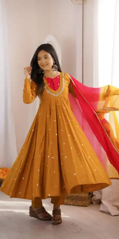 ZF 5023 Mustered Roman Silk Gown with Mirror Work & Embroidery Work. Special Price ₹2099. Delivery 4-6 Working Days. Shop now. | Gowns, Bollywood Gowns, Creative Gowns, Designer Gowns, Embroidered Gowns, Party Wear Gowns