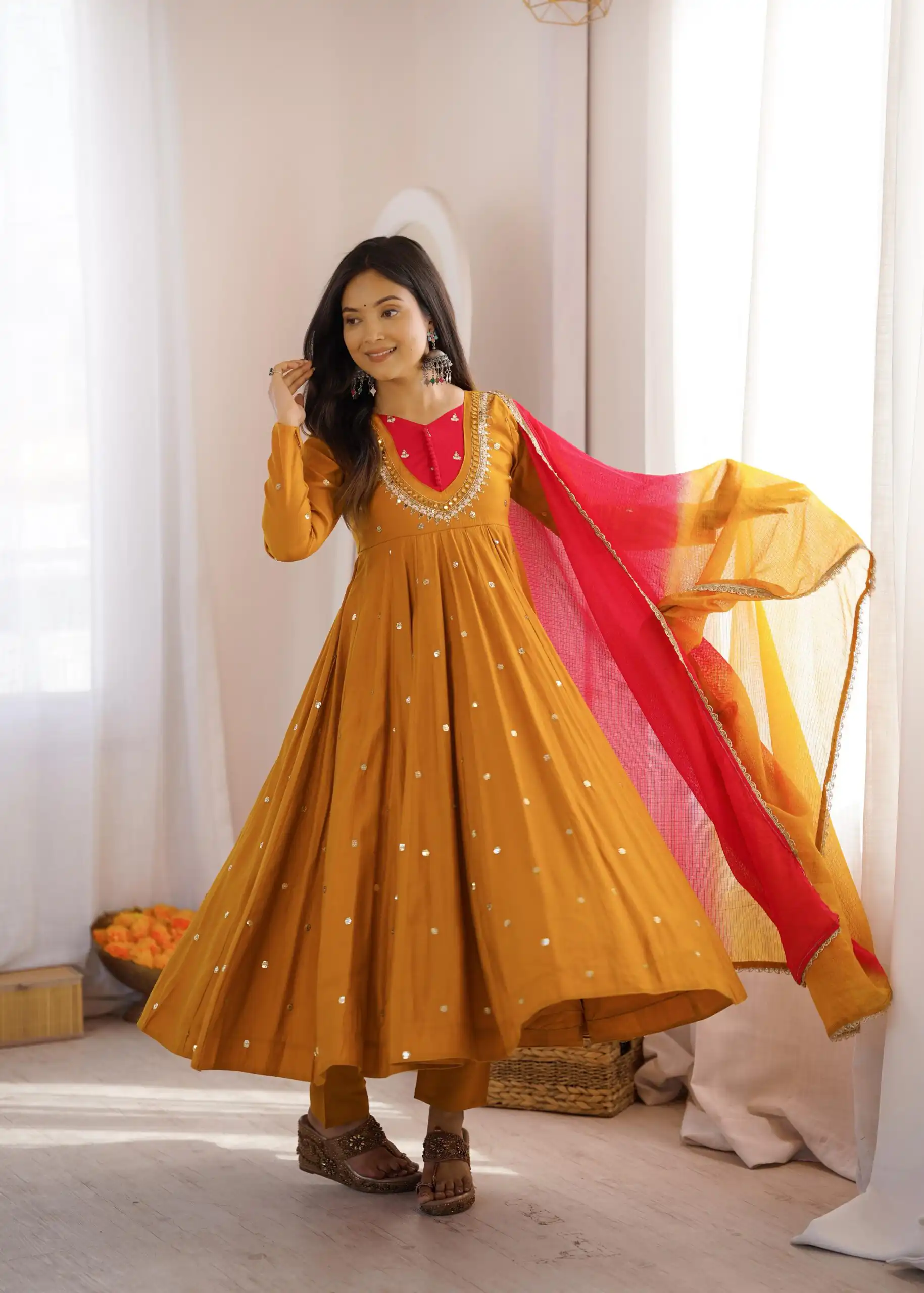ZF 5023 Mustered Roman Silk Gown with Mirror Work & Embroidery Work. Special Price ₹2099. Delivery 4-6 Working Days. Shop now. | Gowns, Bollywood Gowns, Creative Gowns, Designer Gowns, Embroidered Gowns, Party Wear Gowns