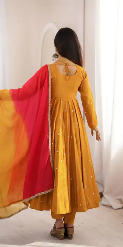 ZF 5023 Mustered Roman Silk Gown with Mirror Work & Embroidery Work. Special Price ₹2099. Delivery 4-6 Working Days. Shop now. | Gowns, Bollywood Gowns, Creative Gowns, Designer Gowns, Embroidered Gowns, Party Wear Gowns