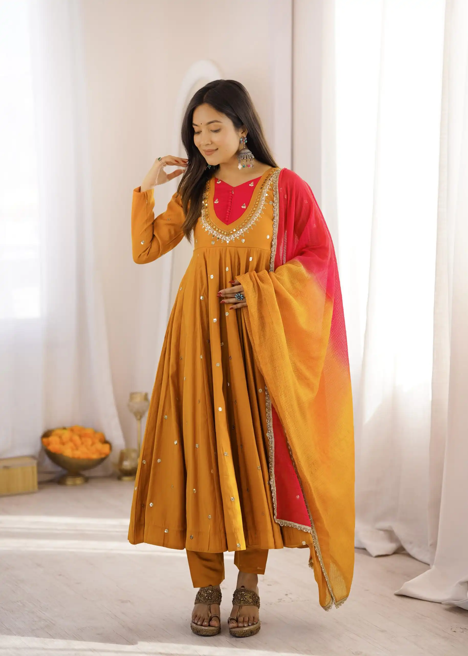 ZF 5023 Mustered Roman Silk Gown with Mirror Work & Embroidery Work. Special Price ₹2099. Delivery 4-6 Working Days. Shop now. | Gowns, Bollywood Gowns, Creative Gowns, Designer Gowns, Embroidered Gowns, Party Wear Gowns