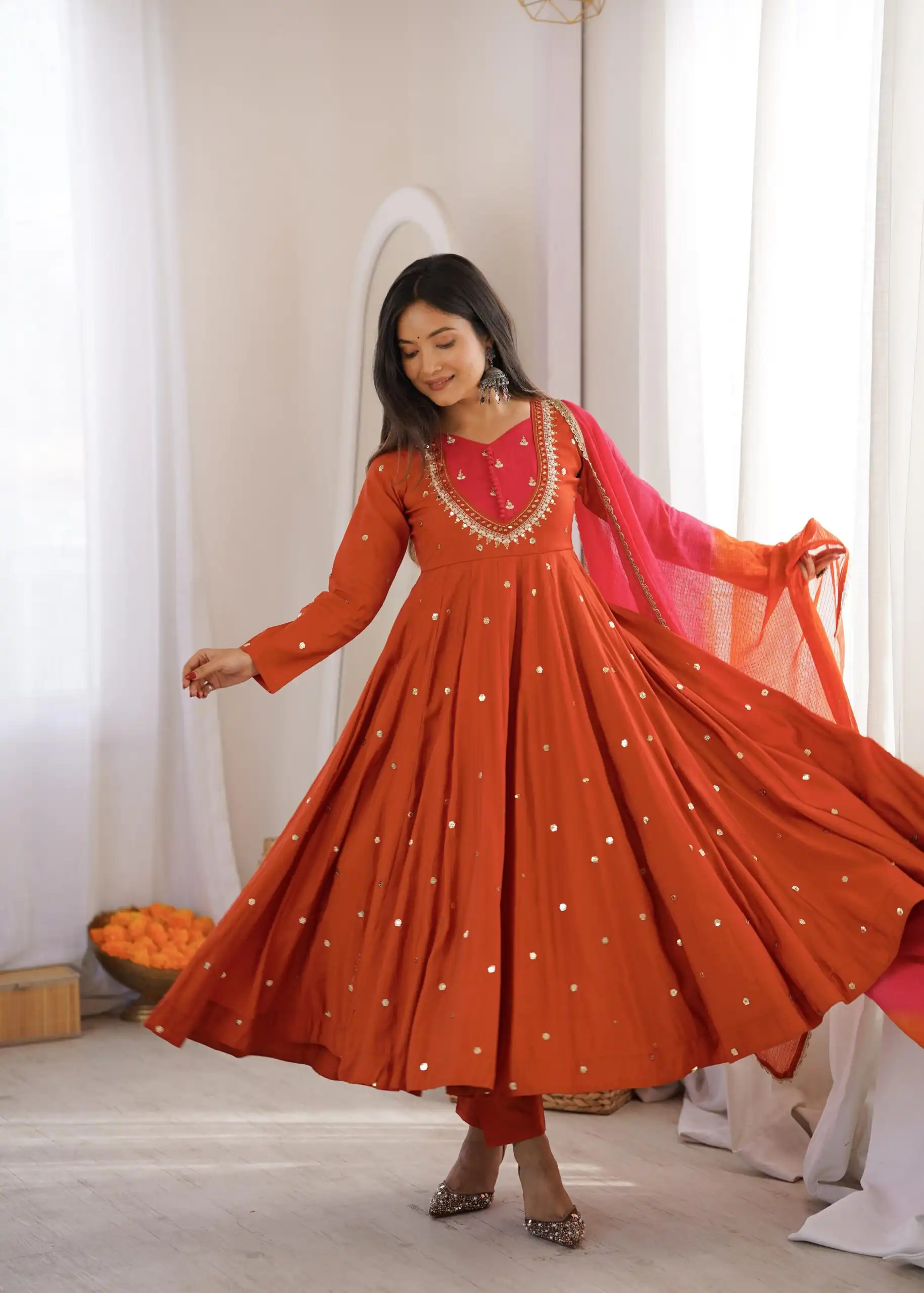 ZF 5023 Rust Roman Silk Gown with Mirror Work & Embroidery Work. Special Price ₹2099. Delivery 4-6 Working Days. Shop now. | Gowns, Bollywood Gowns, Creative Gowns, Designer Gowns, Embroidered Gowns, Party Wear Gowns