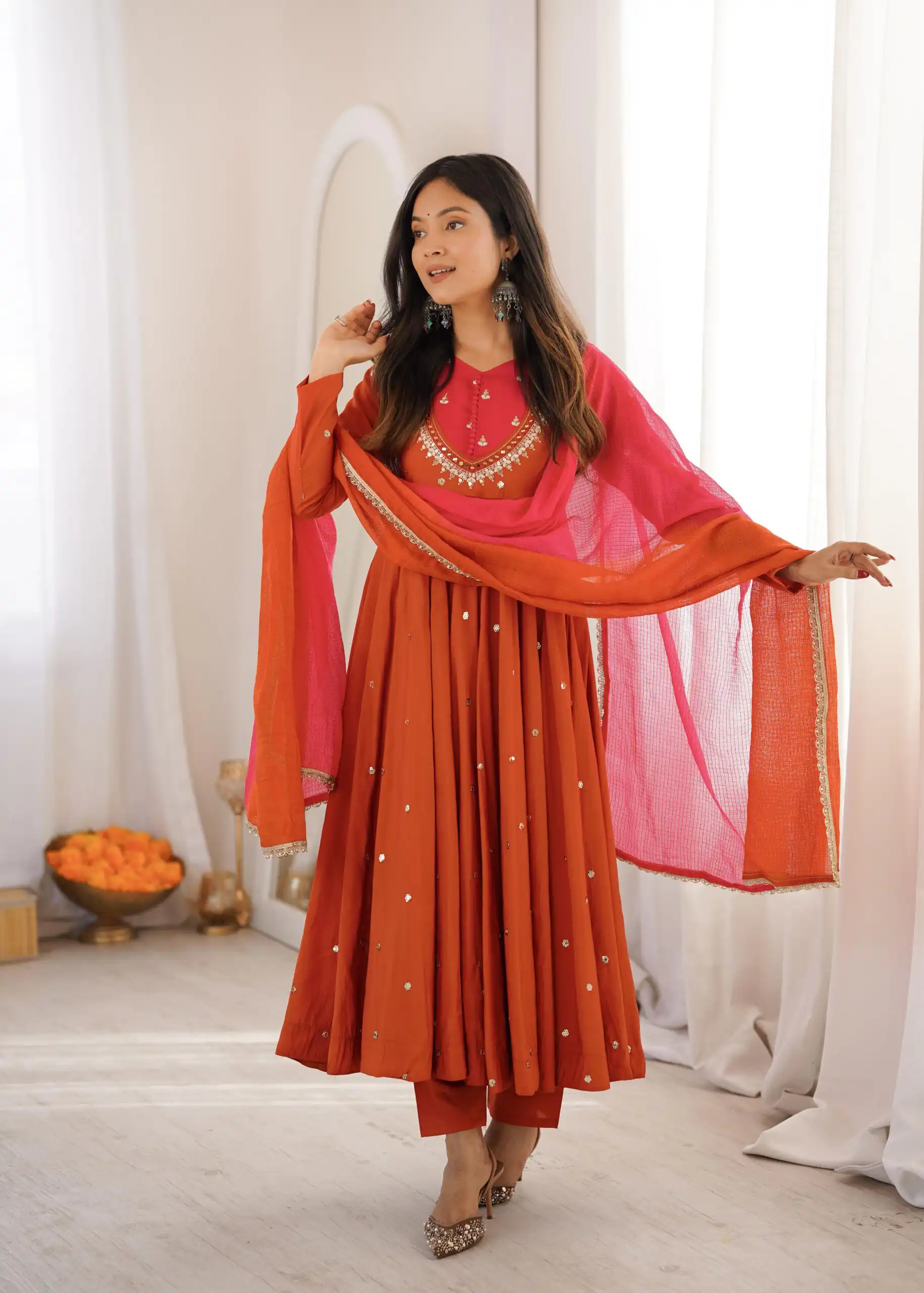ZF 5023 Rust Roman Silk Gown with Mirror Work & Embroidery Work. Special Price ₹2099. Delivery 4-6 Working Days. Shop now. | Gowns, Bollywood Gowns, Creative Gowns, Designer Gowns, Embroidered Gowns, Party Wear Gowns