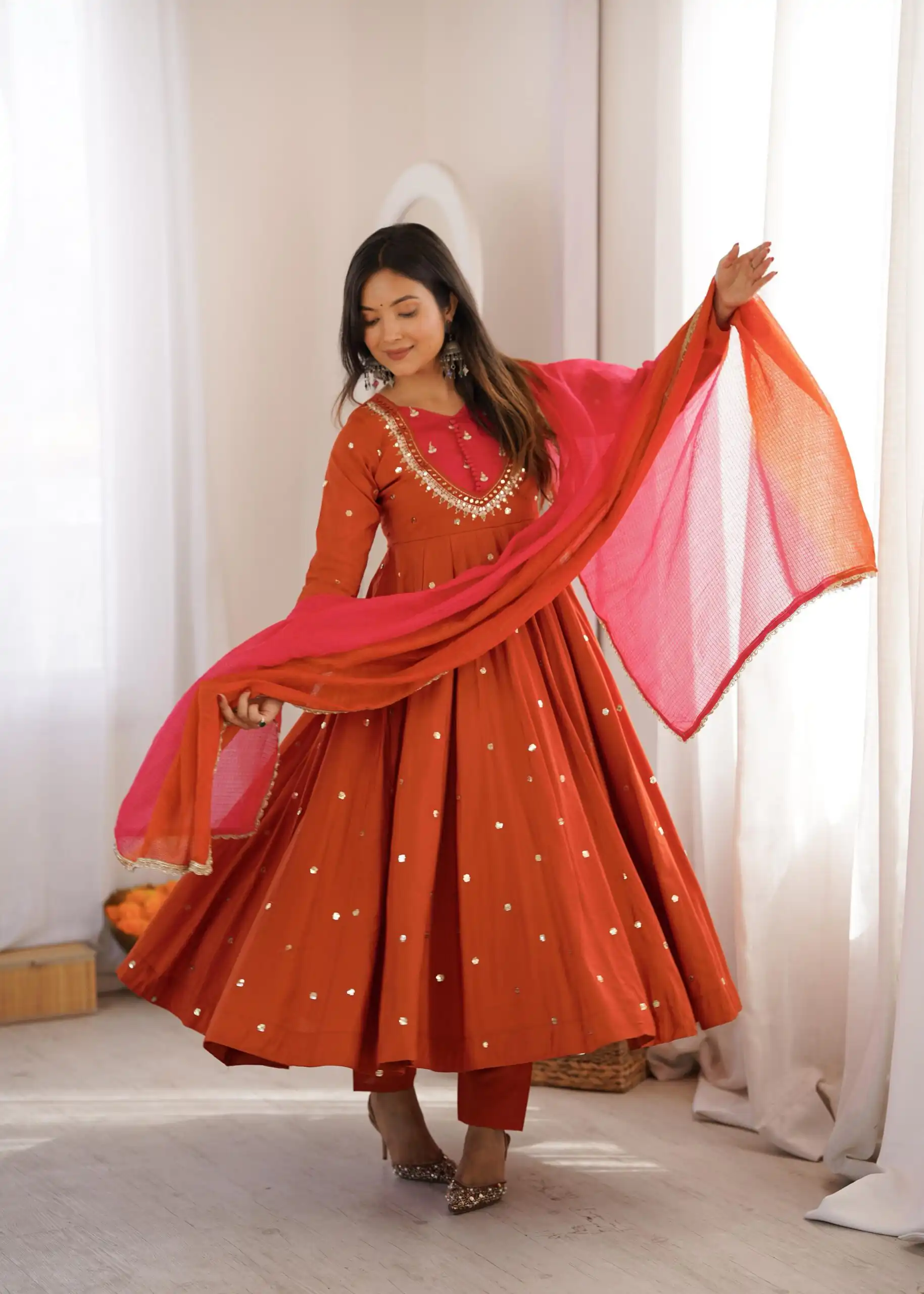 ZF 5023 Rust Roman Silk Gown with Mirror Work & Embroidery Work. Special Price ₹2099. Delivery 4-6 Working Days. Shop now. | Gowns, Bollywood Gowns, Creative Gowns, Designer Gowns, Embroidered Gowns, Party Wear Gowns