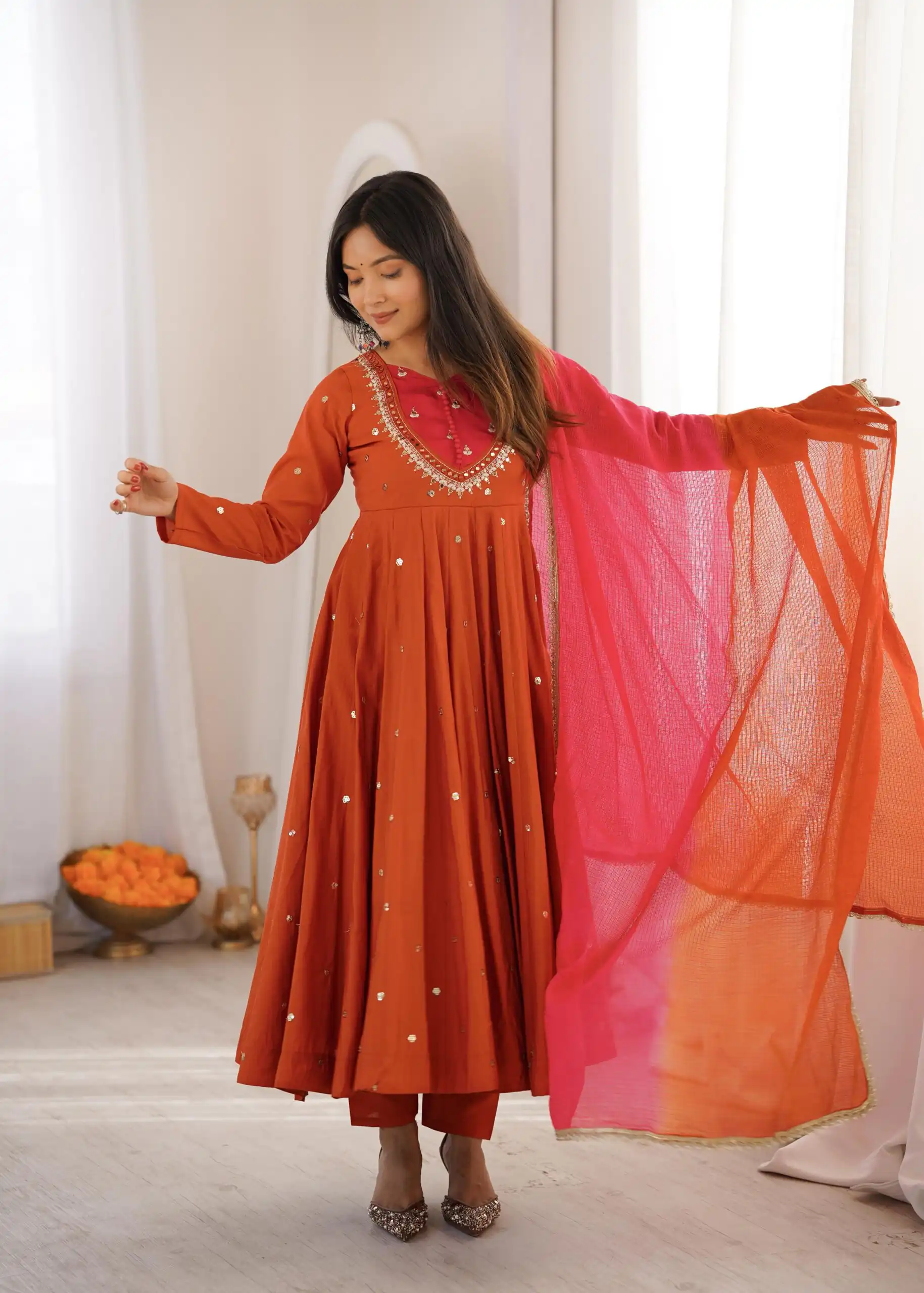 ZF 5023 Rust Roman Silk Gown with Mirror Work & Embroidery Work. Special Price ₹2099. Delivery 4-6 Working Days. Shop now. | Gowns, Bollywood Gowns, Creative Gowns, Designer Gowns, Embroidered Gowns, Party Wear Gowns