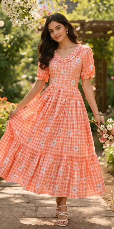 KA 1257 Peach Muslin Silk Gingham Printed Kurti with Designer Work. Special Price ₹1519. Delivery 4-6 Working Days. Shop now. | Kurti, Bollywood Kurti, Creative Kurtis, Designer Kurti, Party Wear Kurti, Selfie Kurti