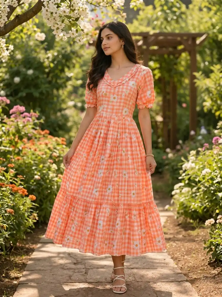 KA 1257 Peach Muslin Silk Gingham Printed Kurti with Designer Work. Special Price ₹1519. Delivery 4-6 Working Days. Shop now. | Kurti, Bollywood Kurti, Creative Kurtis, Designer Kurti, Party Wear Kurti, Selfie Kurti