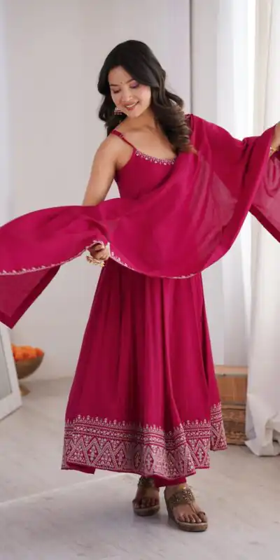 KB 305 Pink Roman Silk Chanderi Anarkali Suit with Thread Embroidery & Embroidery Work. Special Price ₹2149. Delivery 4-6 Working Days. Shop now. | Anarkali Suits, Bollywood Anarkali, Creative-Anarkali, Designer Anarkali, Embroidered Anarkali, Party Wear Anarkali