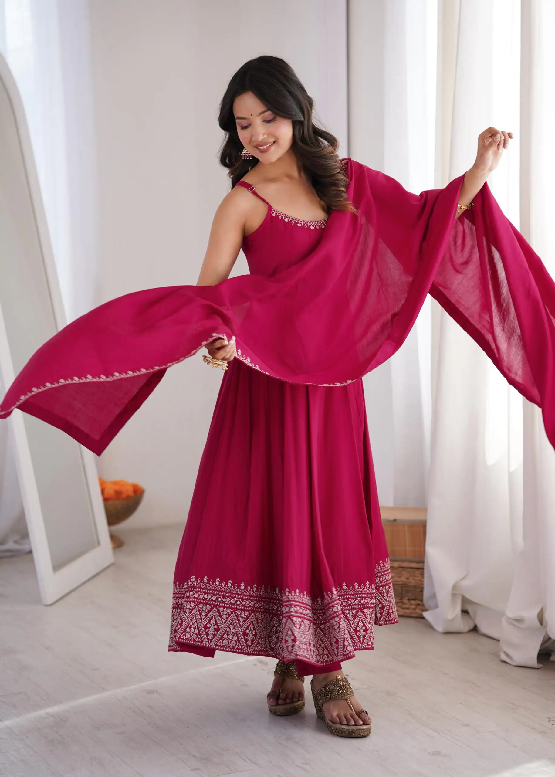 KB 305 Pink Roman Silk Chanderi Anarkali Suit with Thread Embroidery & Embroidery Work. Special Price ₹2149. Delivery 4-6 Working Days. Shop now. | Anarkali Suits, Bollywood Anarkali, Creative-Anarkali, Designer Anarkali, Embroidered Anarkali, Party Wear Anarkali