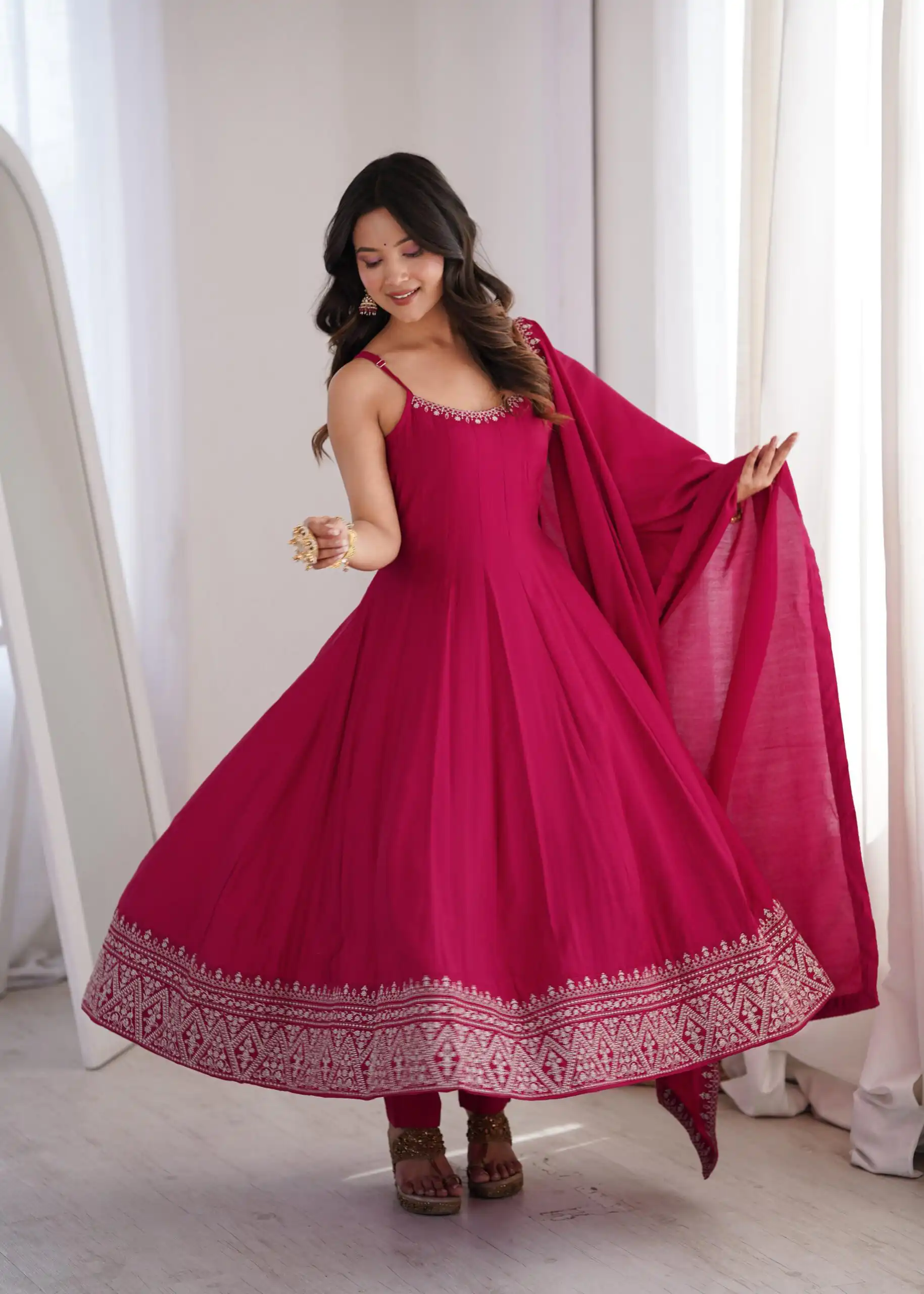 KB 305 Pink Roman Silk Chanderi Anarkali Suit with Thread Embroidery & Embroidery Work. Special Price ₹2149. Delivery 4-6 Working Days. Shop now. | Anarkali Suits, Bollywood Anarkali, Creative-Anarkali, Designer Anarkali, Embroidered Anarkali, Party Wear Anarkali