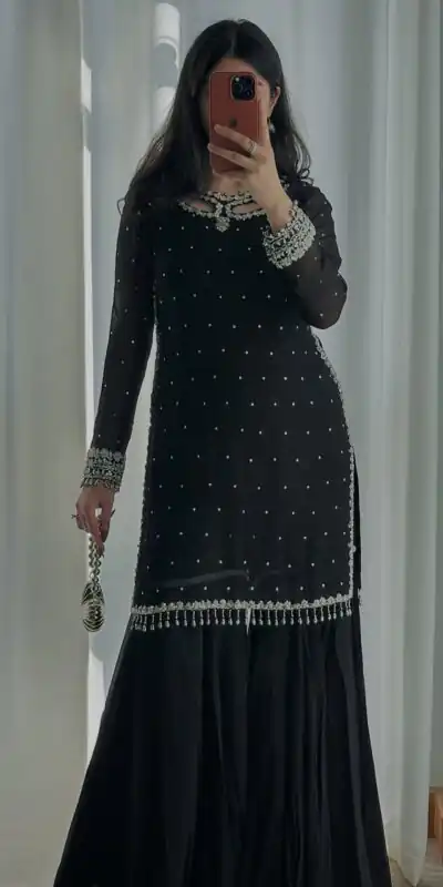 SRK 5353 Black Faux Georgette Salwar Suit Perfect for Wedding, Party, Family Gatherings, Sangeet, Housewarming – . Affordable Price ₹1949. Days | Jump Suits, Salwar suit, Casual Suits, Creative suits, Designer Suits, Palazzo Suits, Party Wear Suits, Patiala Suits, Straight Suits
