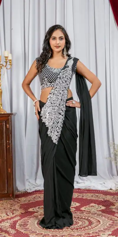 ST 1165 Black Faux Georgette Saree with Embroidery Work & Sequins Work. Now at just ₹1799. Delivery 4-6 Working Days. Shop now. | Designer Sarees, Modern Digital sarees, Sarees, Bollywood Sarees, Creative Sarees, Embroidered Sarees, Ethnic Saree, Party Wear Sarees