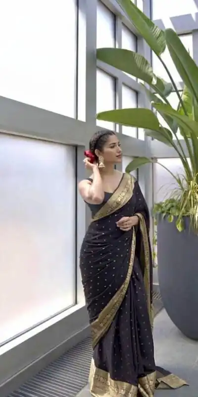 KP 303 Black in Soft Lichi Silk Jacquard Work Designer Work Saree . Exclusive Offer ₹1349. Delivery 4-6 Working Days. Shop now. | Designer Sarees, Modern Digital sarees, Sarees, Bollywood Sarees, Creative Sarees, Embroidered Sarees, Ethnic Saree, Party Wear Sarees