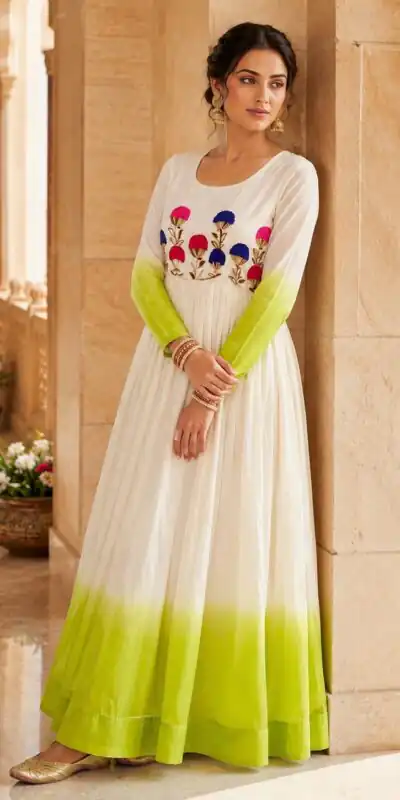 KA 1263 Green |Star Georgette Gown with Thread Embroidery & Embroidery Work. Special Price ₹1669. Delivery 4-6 Working Days. Shop now. | Gowns, Bollywood Gowns, Creative Gowns, Designer Gowns, Embroidered Gowns, Party Wear Gowns