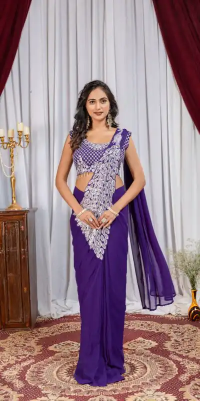 ST 1165 Purple Faux Georgette Saree with Embroidery Work & Sequins Work. Now at just ₹1799. Delivery 4-6 Working Days. Shop now. | Designer Sarees, Modern Digital sarees, Sarees, Bollywood Sarees, Creative Sarees, Embroidered Sarees, Ethnic Saree, Party Wear Sarees