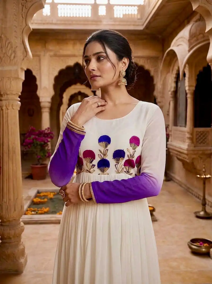 KA 1263 Purple |Star Georgette Gown with Thread Embroidery & Embroidery Work. Special Price ₹1669. Delivery 4-6 Working Days. Shop now. | Gowns, Bollywood Gowns, Creative Gowns, Designer Gowns, Embroidered Gowns, Party Wear Gowns