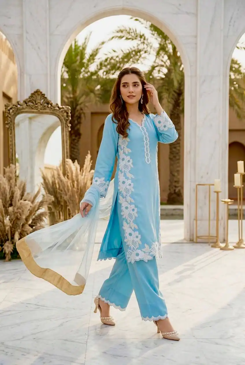 ST 213 Sky Blue Color Natural Crep Salwar Suit with Embroidery Work. Wedding, Party, Festive, Best Price ₹1899. Delivery 4-6 Working Days. Shop now. | Jump Suits, Salwar suit, Casual Suits, Creative suits, Designer Suits, Palazzo Suits, Party Wear Suits, Patiala Suits, Straight Suits