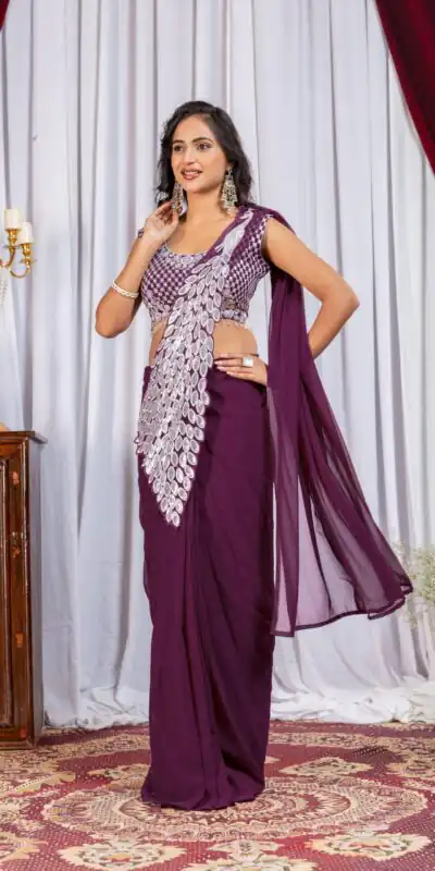 ST 1165 Wine Faux Georgette Saree with Embroidery Work & Sequins Work. Now at just ₹1799. Delivery 4-6 Working Days. Shop now. | Designer Sarees, Modern Digital sarees, Sarees, Bollywood Sarees, Creative Sarees, Embroidered Sarees, Ethnic Saree, Party Wear Sarees