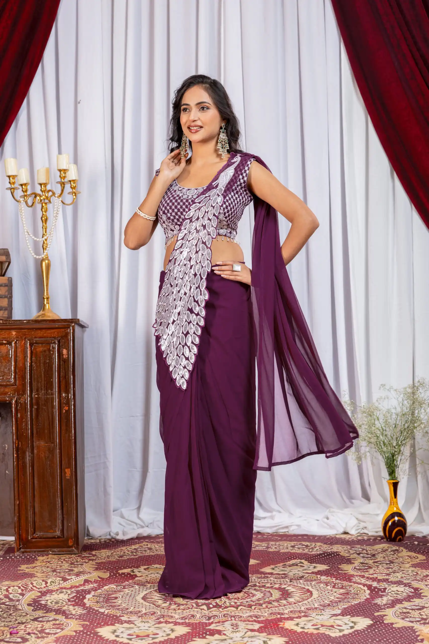 ST 1165 Wine Faux Georgette Saree with Embroidery Work & Sequins Work. Now at just ₹1799. Delivery 4-6 Working Days. Shop now. | Designer Sarees, Modern Digital sarees, Sarees, Bollywood Sarees, Creative Sarees, Embroidered Sarees, Ethnic Saree, Party Wear Sarees